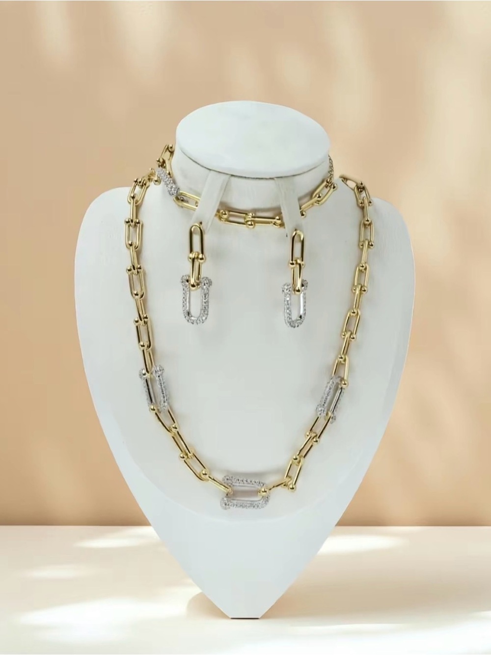 Gold and CZ Link Necklace, Bracelet & Earring Set